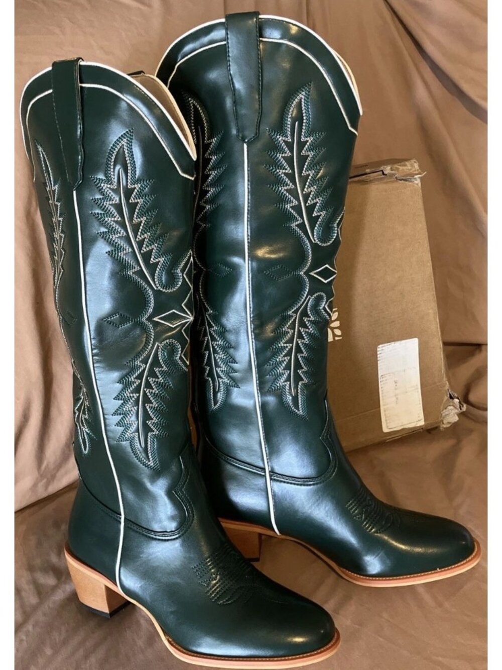 Women's Knee High Embroidered Cowgirl Boots 2 1/2” Heel Green